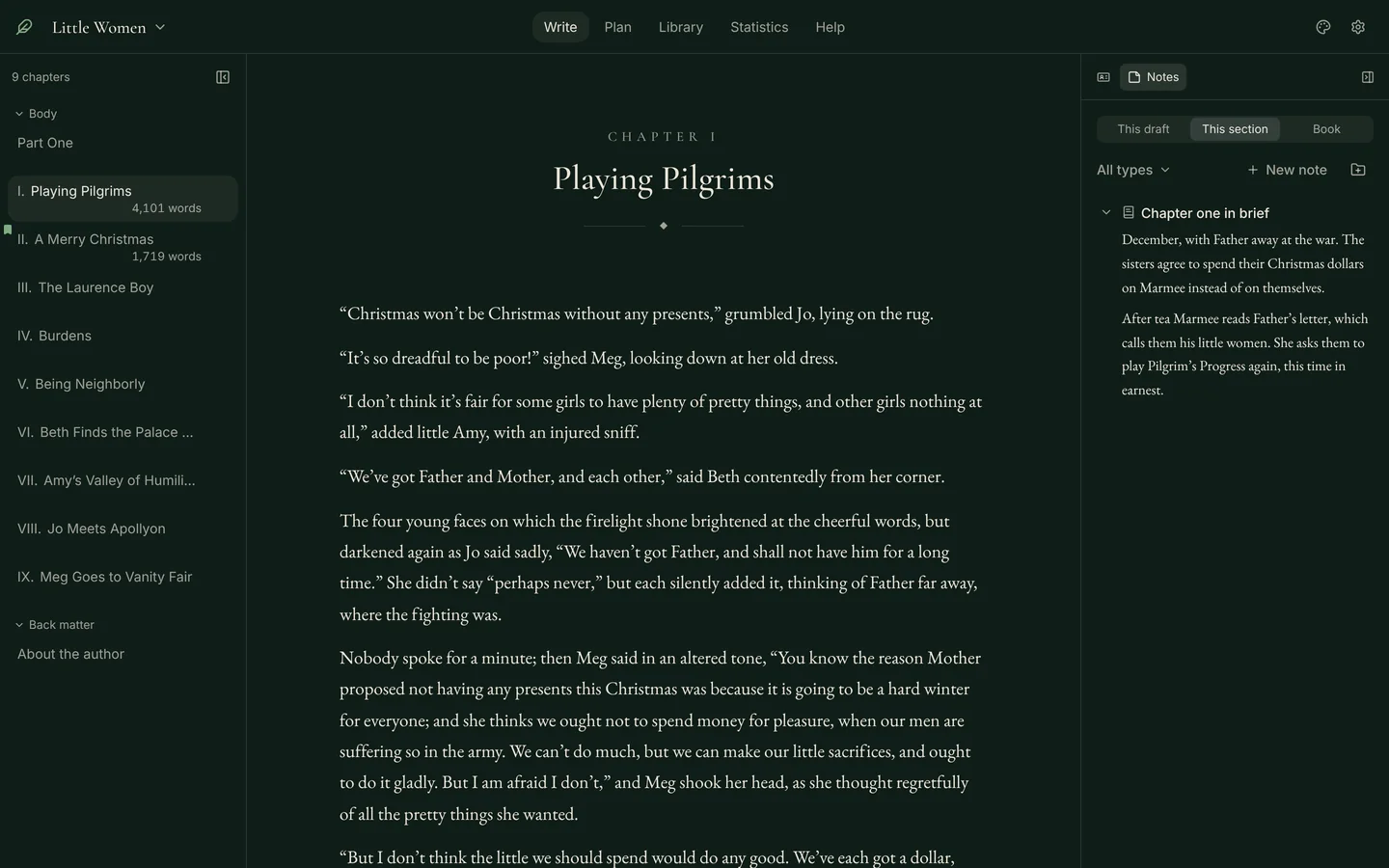 The writing view with the Notes tab open in the side panel. A note called “Chapter one in brief” sums up the chapter in two short paragraphs, and the tabs above it switch between this draft, this section, and the book.